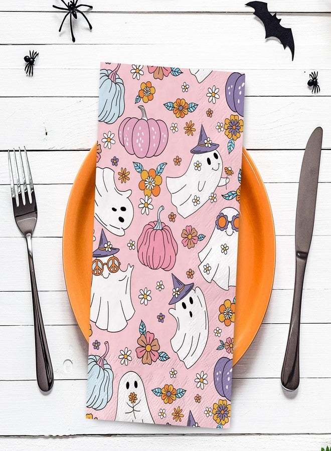 JarThenaAMCS 50Pcs Halloween Guest Napkins Boho Ghost Pumpkin Floral Disposable Paper Napkins Cute Pink Dinner Hand Napkins for Home Kitchen Decor - Image 3